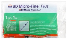Шприц инъекционный одноразовый, инсулиновый с иглой (31G) 0,25х6 мм U-100 BD Micro-Fine Plus объем:1 мл																														
